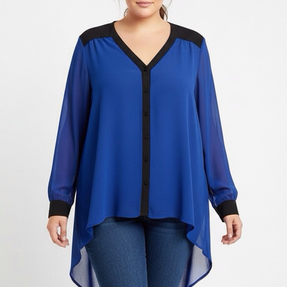 Torrid 2X Royal Blue Black Chiffon Hi Low Drape Back Blouse Sheer Long Sleeve